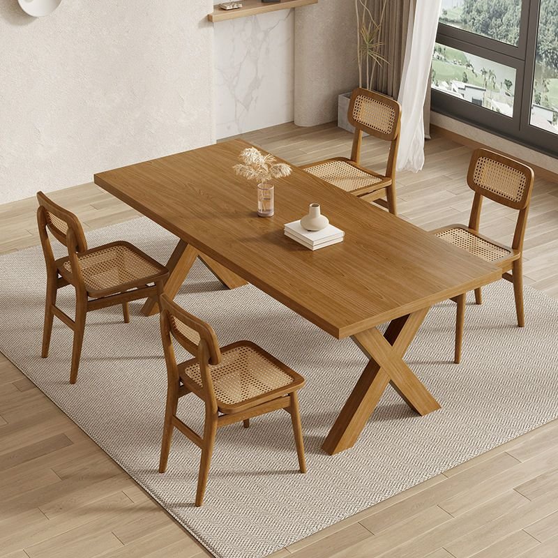 Art Deco Rectangle Solid Pine Dining Table Set with X-Side Base and a Tabletop in Pine, Table & Chair(s), 5 Piece Set, 30.7"H x 18.1"W x 18.9"D, 63"L x 31.5"W x 29.5"H