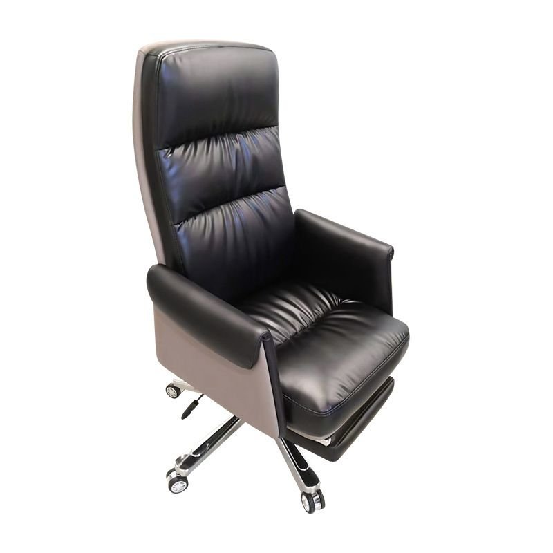 Ergonomic Tilt Available Swivel Lifting Black Leather Executive Chair with Back, Arms and Rollers in a Casual Style, Black
