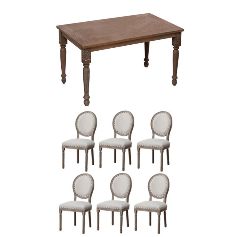 Vintage Wood Scoring Dining Table Set with a Rectangle Wood Slab Brown Tabletop and Carved 4 Legs, Table & Chair(s), 7 Piece Set, 55.1"L x 31.5"W x 29.9"H