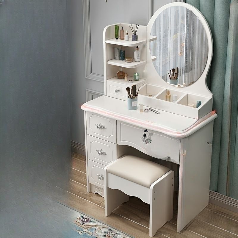 Art Deco Push-Pull Painted Tabletop Storage Bedroom Vanity, Dividers Included, No Suspended, Makeup Vanity & Stools, Round, Left, 28"L x 16"W x 52"H