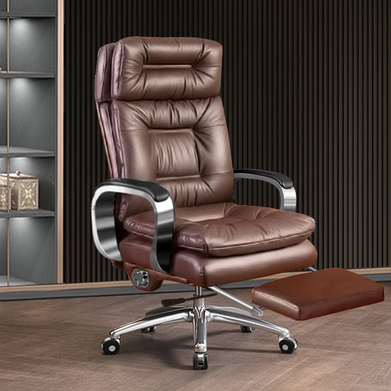 Art Deco Ergonomic Leather CEO Chair in Brown with Tilt Lock, Fixed Arms and Adjustable Back Angle, Full Grain Cow Leather, Coffee