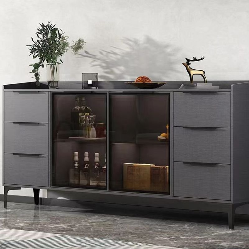 16'' Wide Unattached Flooring Sideboard with 6 Drawers and Counter Slab, Gray/ Black, 79"L x 16"W x 37"H