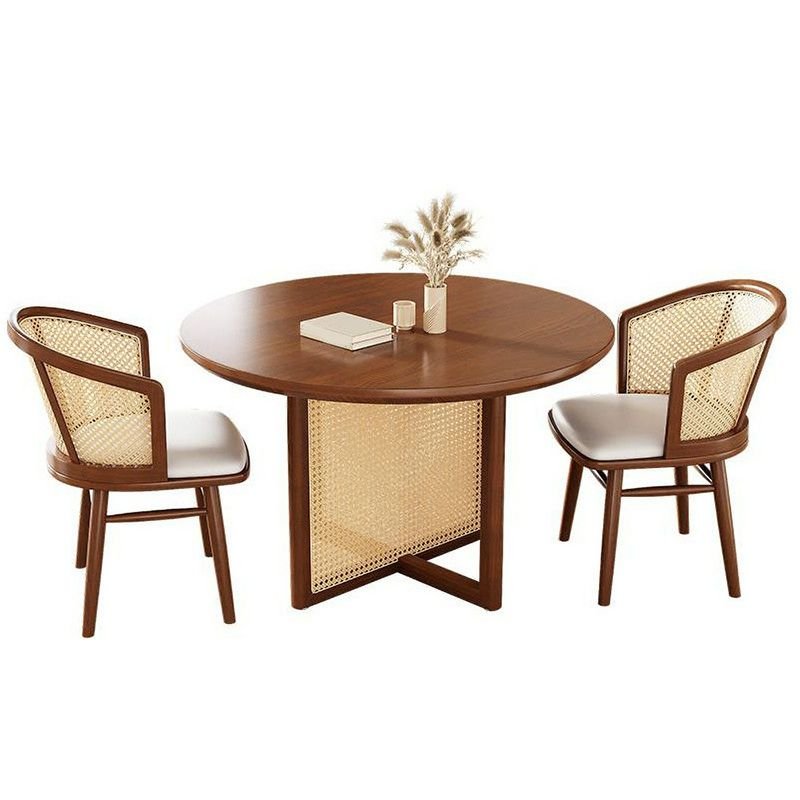 Art Deco 3 Piece Set Medium Wood Dining Table Set with Ratten Sled Base and Pine Wood Tabletop, 2 People, Table & Chair(s), 23.6"L x 23.6"W x 29.5"H, Upholstered Chair(s)