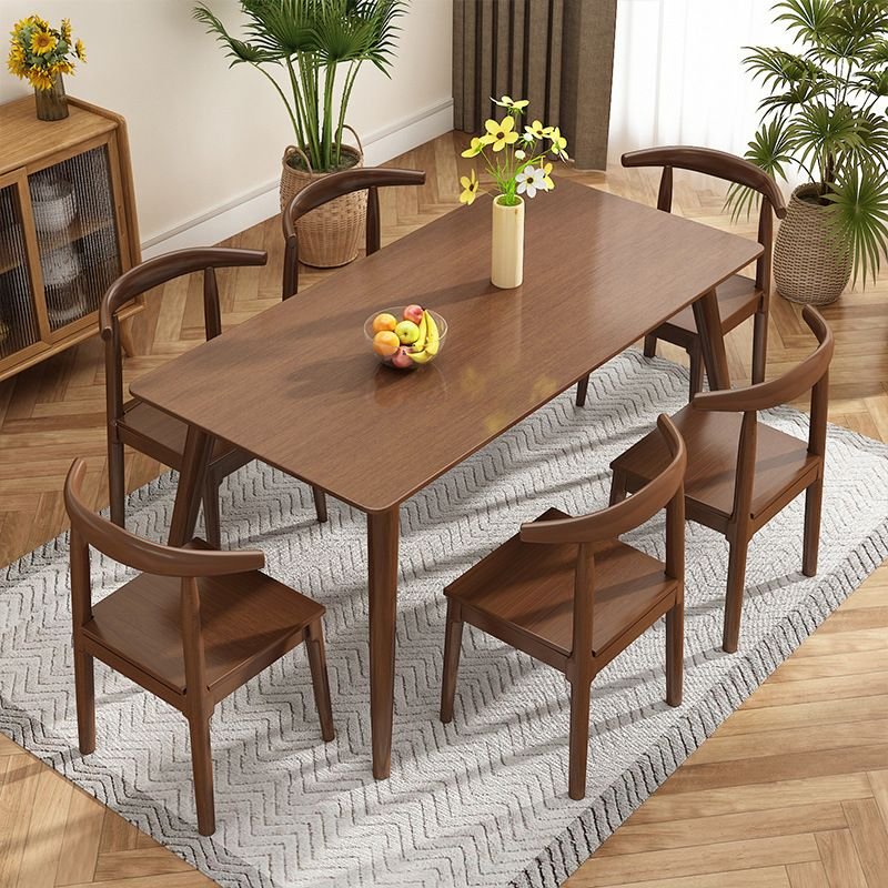 Art Deco Rectangle Dining Table Set with a Tabletop in Rubberwood and Back Chairs for Seats 6, Table & Chair(s), 7 Piece Set, 59.1"L x 31.5"W x 29.5"H, Open