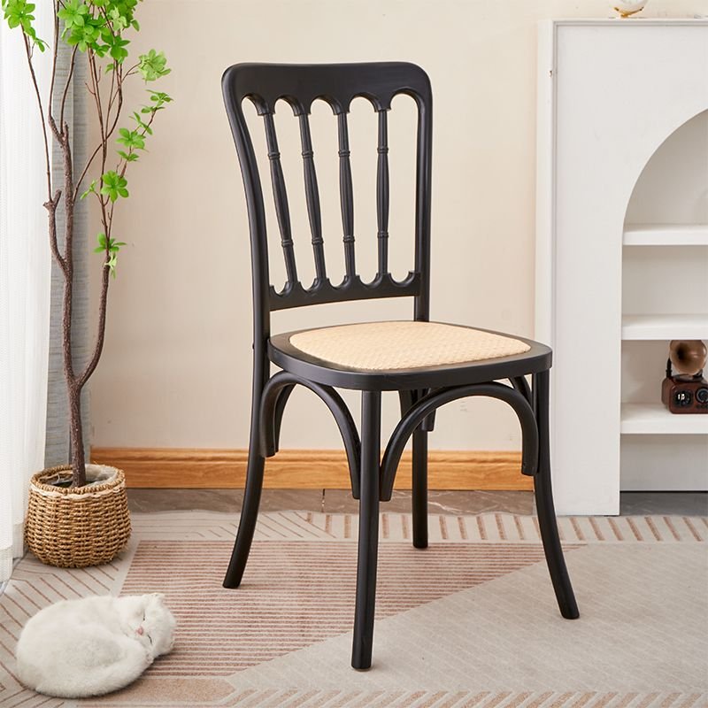 Balanced Walnut Legged Armless Chair with Slatted Back, Black, Rattan