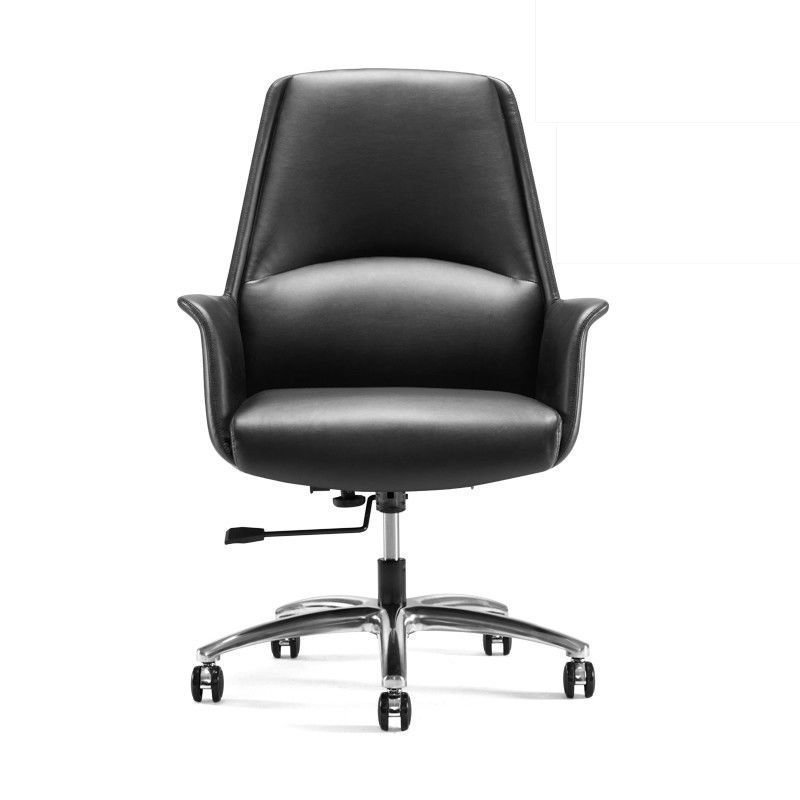 Casual Tilt Lock Lifting Swivel Ink Ergonomic Calfskin Study Chair with Swivel Wheels and Armrest, Black, Without Headrest