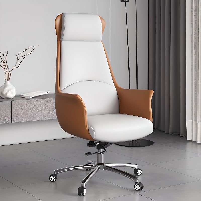 Ergonomic Tilt Lock Lifting Swivel Cream Calfskin Office Chairs with Headrest, Armrest and Caster Wheels, Orange/ Beige