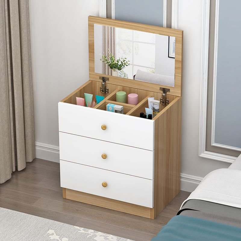 3 Tiers 2 Drawers Modern Simple Style Composite Wood Bachelor Chest with Mirroring, Natural/ White, 24"L x 16"W x 26"H, Mirror Included