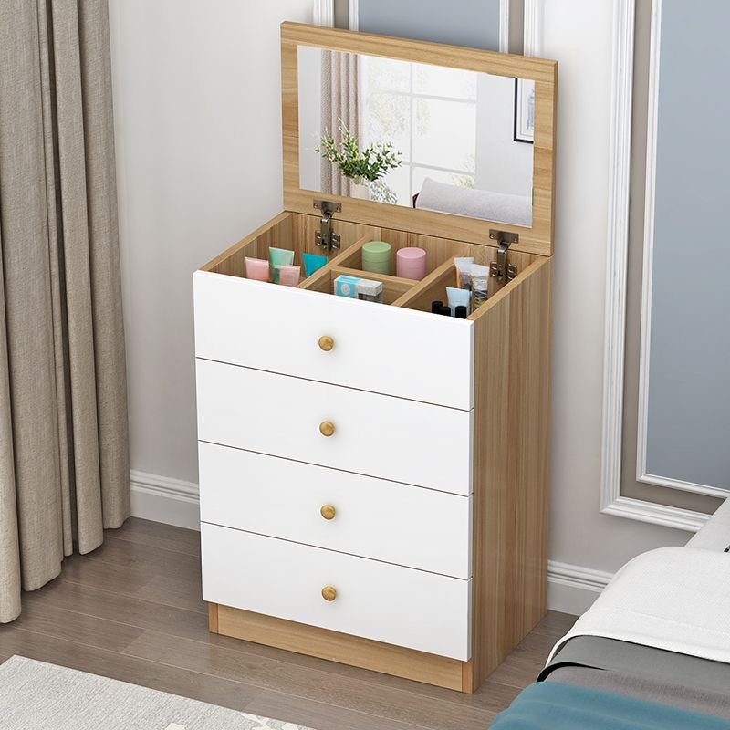 4 Tiers Modish Composite Wood Bachelor Chest with Mirroring, Natural/ White, 24"L x 16"W x 33"H, Mirror Included