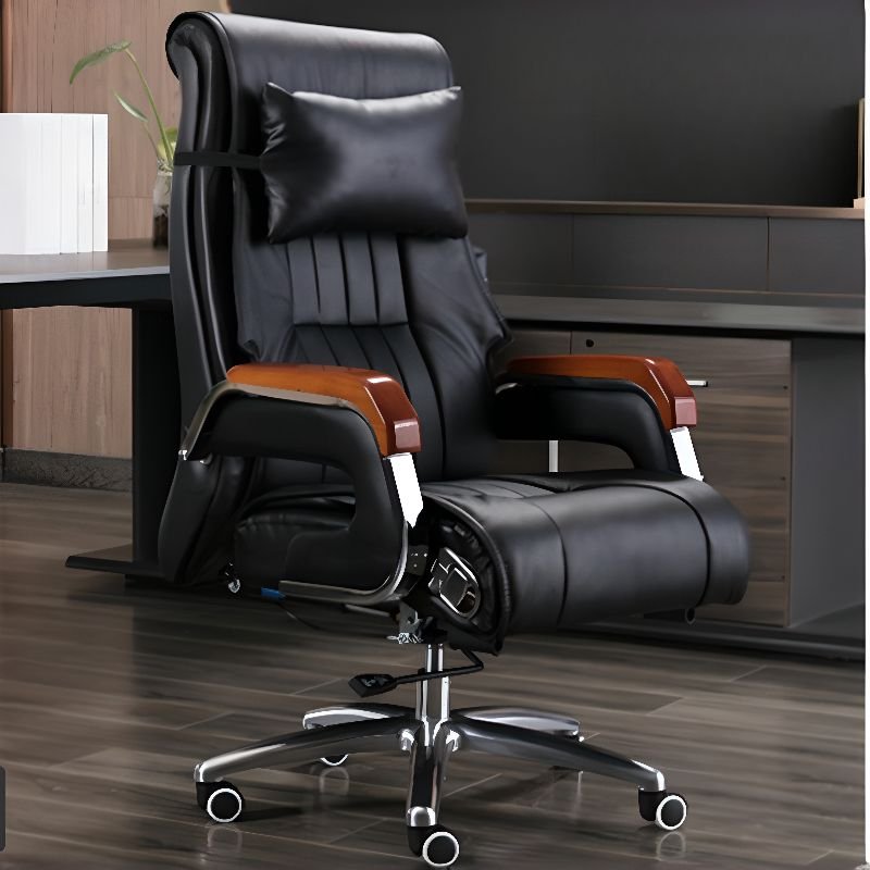 Adjustable Back Angle Tilt Available Swivel Lifting Ink Tanned Hide Executive Chair with Foot Pedestal, Back and Roller Wheels, Black, PU (Polyurethane)