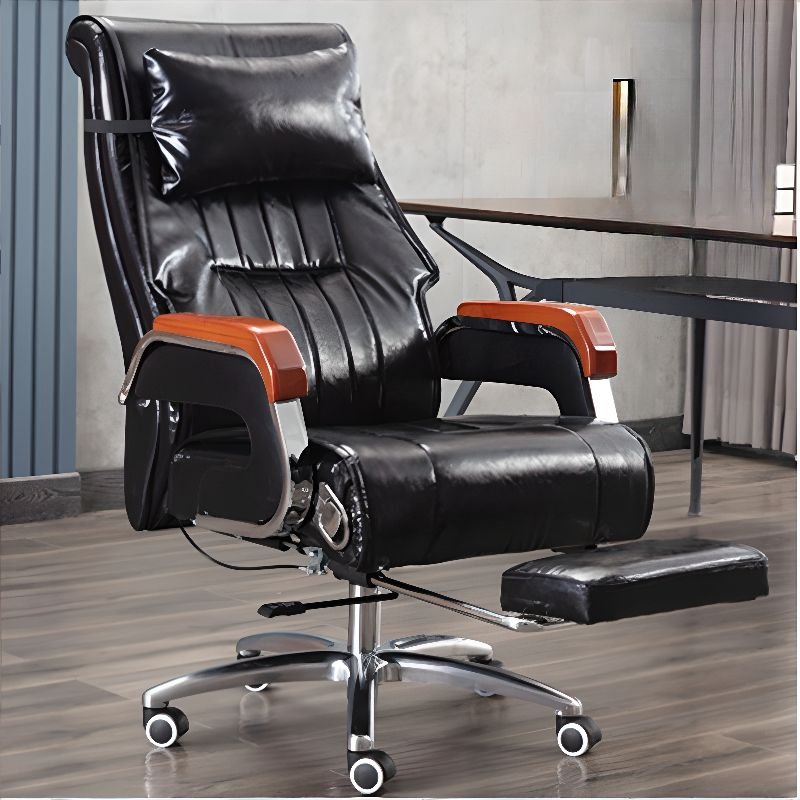 Adjustable Back Angle Tilt Available Swivel Lifting Midnight Black Hideskin Executive Chair with Foot Platform, Back and Caster Wheels, Black, Oiled Leather