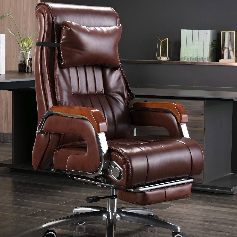 Cocoa Tilt Available Swivel Lifting Executive Chair with Casters and Back in a Modern Style, Brown, With Footrest, Full Grain Cow Leather