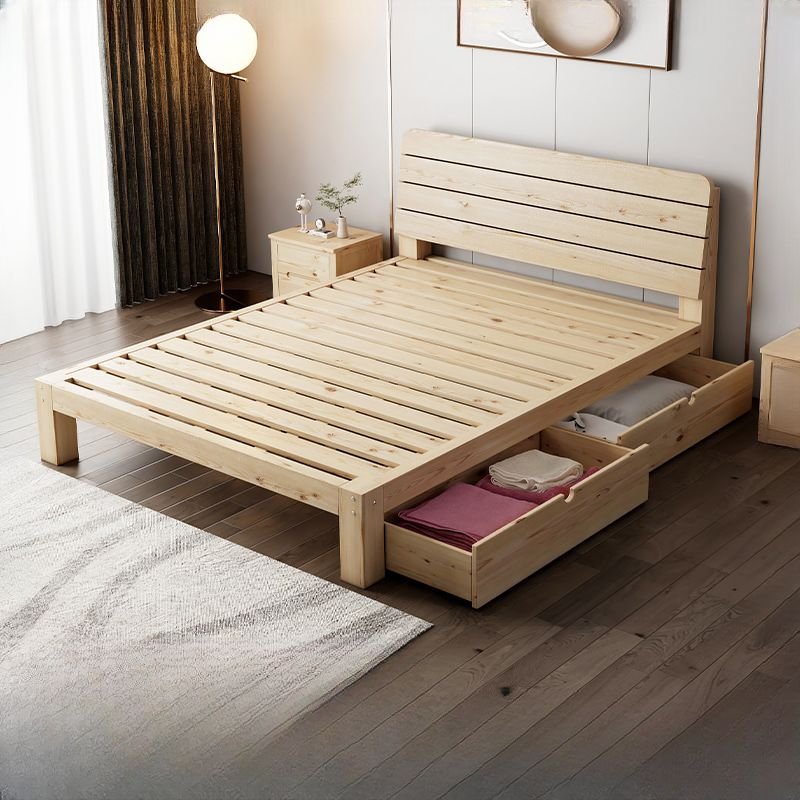 Unfinished Color Lumber Platform Bed with 2 Drawers, Panel Headboard Bedroom, Tool-Free Assembly, 71"W x 79"L, Pull-Out Storage