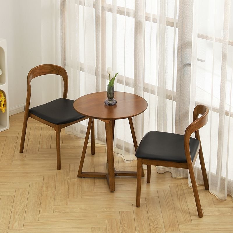 3-piece Round Dining Table Set with Toboggan Base, a Tabletop in Rubberwood and Cushion Chair, Table & Chair(s), Nut-Brown, 30.7"H x 16.9"W x 20.9"D