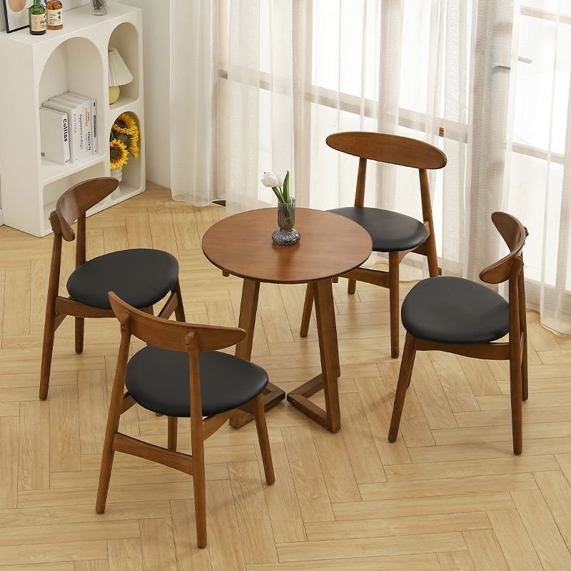 5 Piece Set Circular Dining Table Set with a Sepia Rubberwood Tabletop, Sleighing Base, Back and Cushion Chair, Table & Chair(s), Nut-Brown, 29.5"H x 16.5"W x 18.1"D