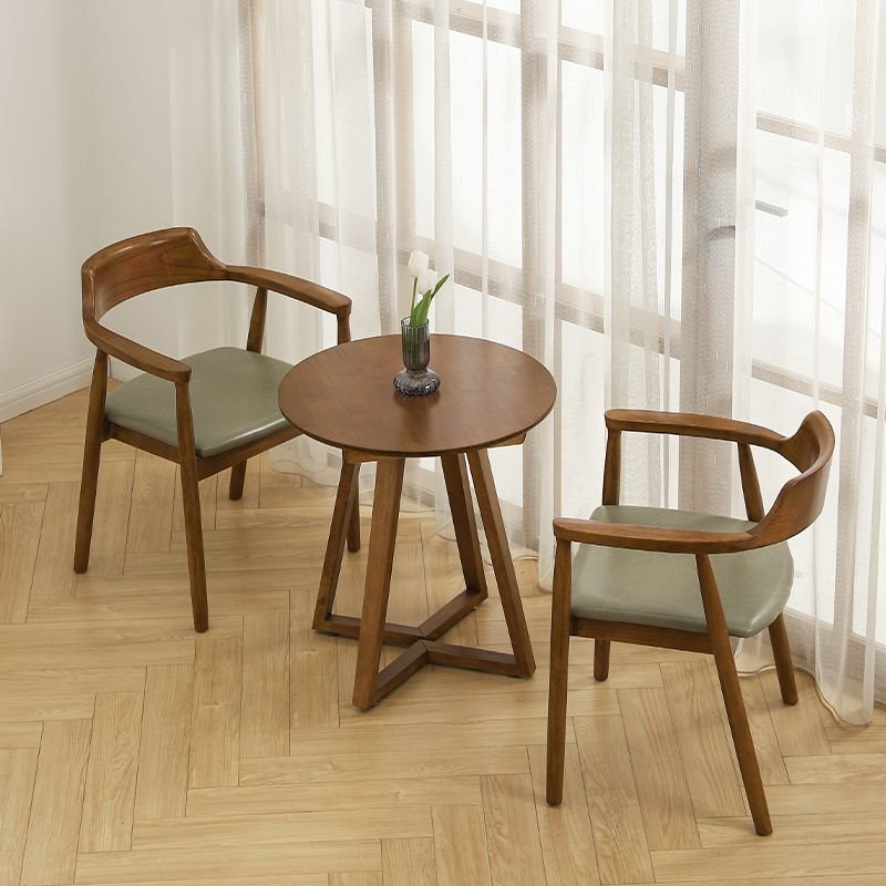 3 Piece Set Round Dining Table Set with Sleighing Base, a Tabletop in Natural Wood and Cushion Chair, Table & Chair(s), Nut-Brown, 29.9"H x 20.9"W x 17.3"D