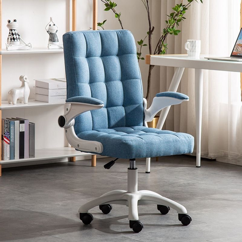 Art Deco Ergonomic Upholstered Office Desk Chairs in Blue with Arms, Portable and Flip-Up Armrest, Blue, Linen, Sponge