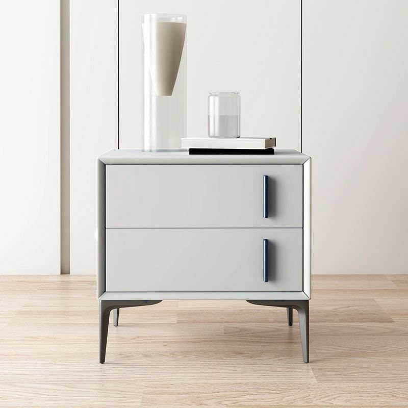 Simplistic Pu Drawer Storage Bedside Table with 2 Drawers & Leg, Light Gray, Manufactured Wood + Solid Wood, 18"L x 16"W x 19"H
