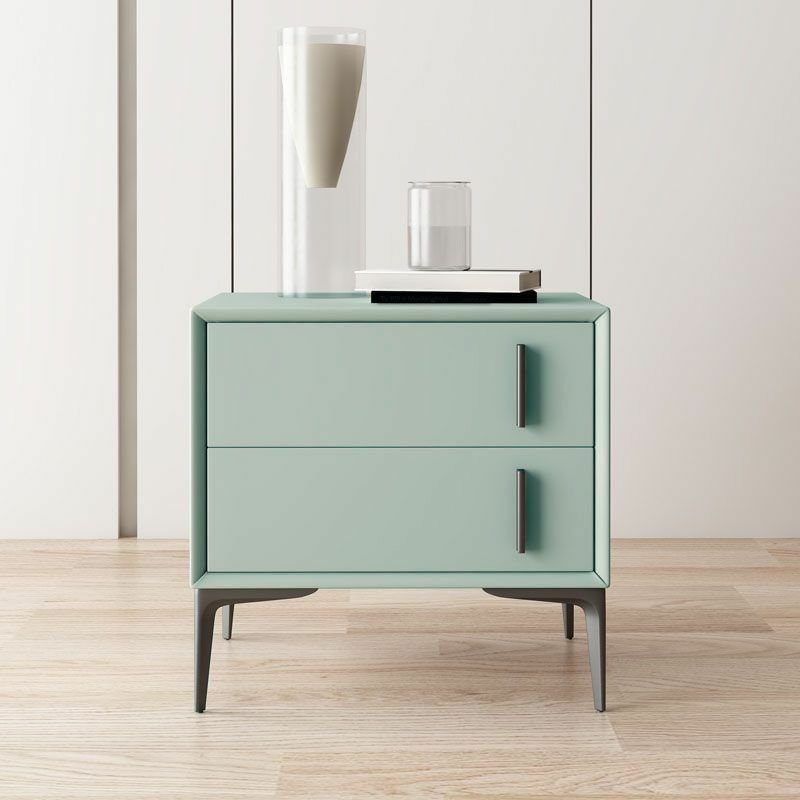 Trendy Pu Nightstand With Drawer Storage with 2 Drawers & Leg, Sky Blue, Manufactured Wood + Solid Wood, 18"L x 16"W x 19"H