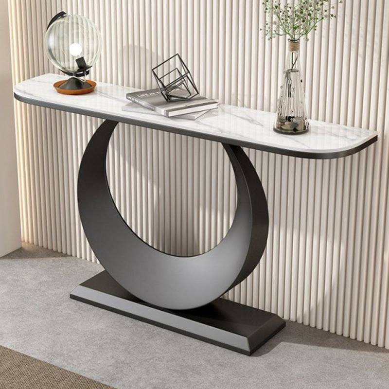 Standing Demilune Entrance Table 1 Piece with U Shaped Base, Entrance Way, White, Black, 47"L x 12"W x 31"H