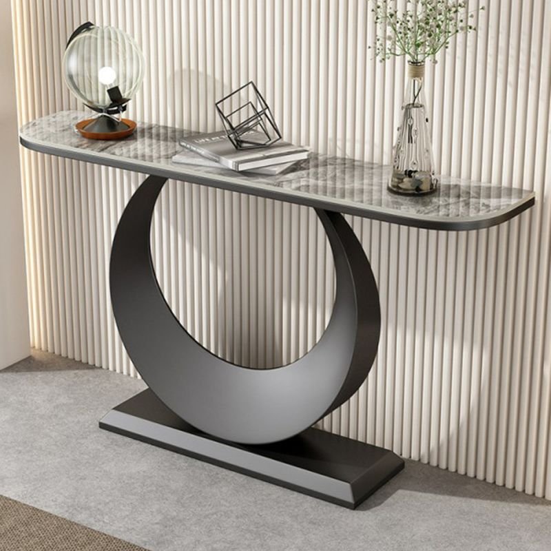 Standing Demilune Hallway Table 1 Piece with U Shaped Base, Entry Room , Gray, Black, 47"L x 12"W x 31"H