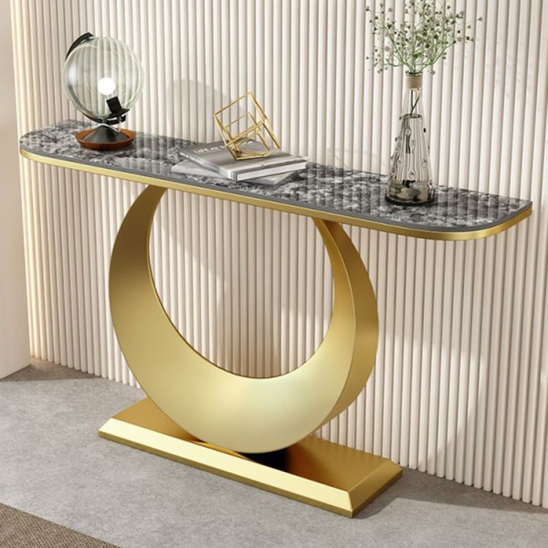 Standing Half Circle Entry Table 1 Piece with U Shaped Base, Entry Door , Dark Grey, Gold, 59"L x 12"W x 31"H