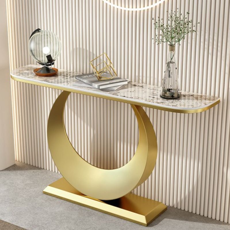 Standing Half Circle Accent Console Tables 1 Piece with U Shaped Base, Front Entry , Pandora, Gold, 59"L x 12"W x 31"H