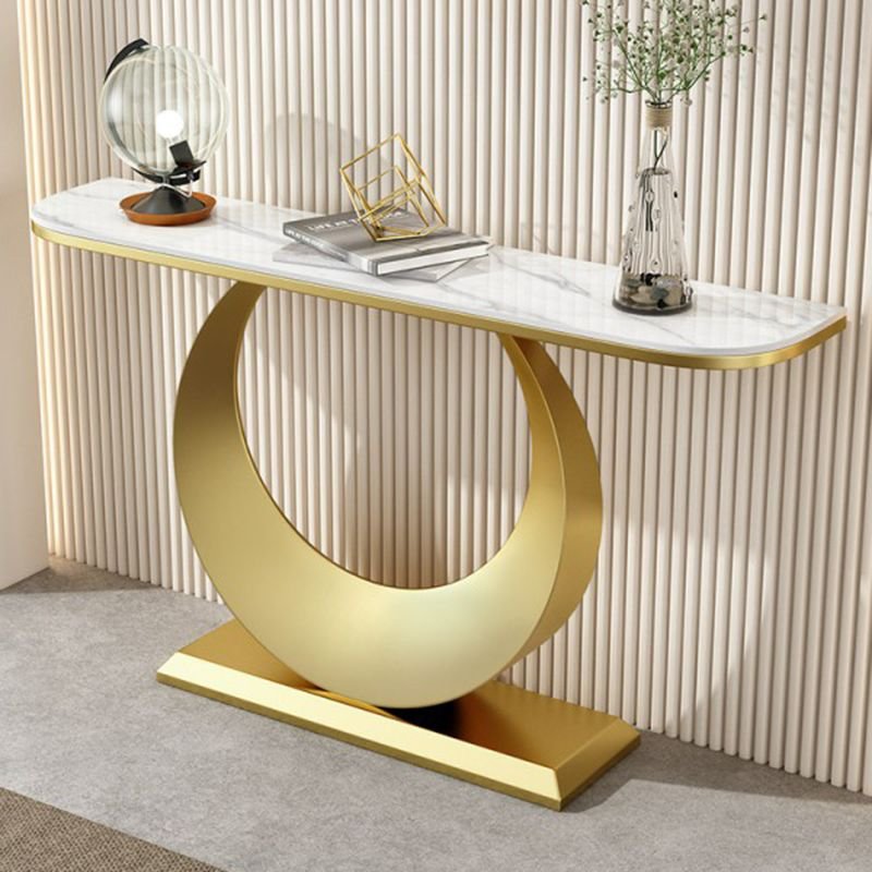 Standing Semi Circle Console Desk 1 Piece Set with U Shaped Base, Front Hall , White, Gold, 47"L x 12"W x 31"H