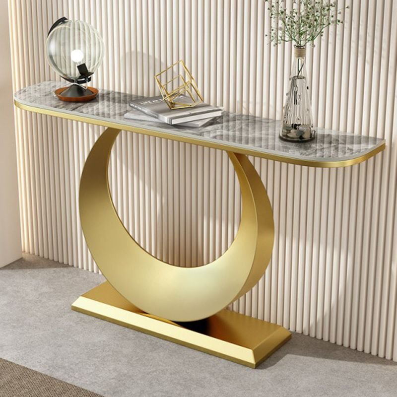 Standing Half Circle Entry Way Table 1 Piece with U Shaped Base, Threshold, Gray, Gold, 59"L x 12"W x 31"H