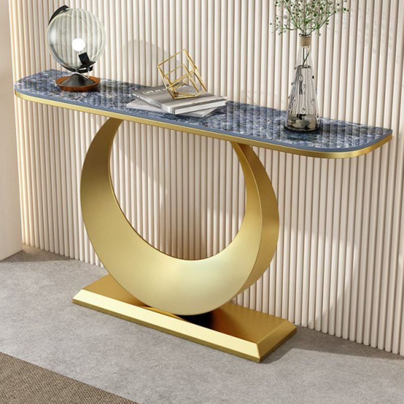 Standing Blue Demilune Hall Table 1 Piece with U Shaped Base, Hallway , Gold, 59"L x 12"W x 31"H