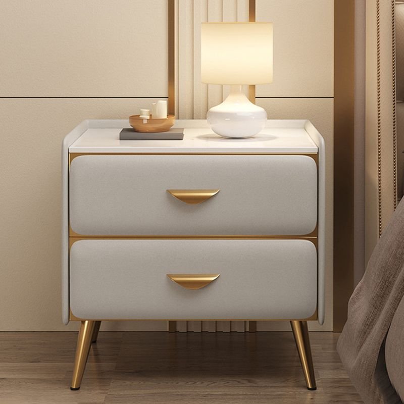 2 Tiers Contemporary Sintered Stone Drawer Storage Bedside Table, Cream, 18"L x 16"W x 20"H