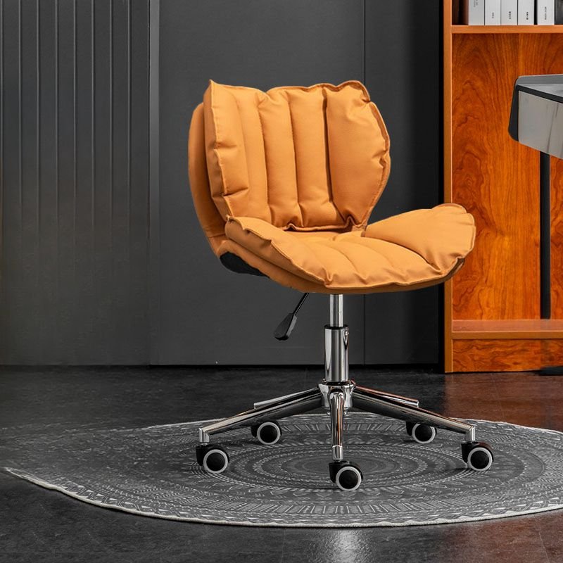 Minimalist Apricot Color Lifting Swivel Ergonomic Faux Leather Study Chair with Swivel Wheels, Silver, Orange