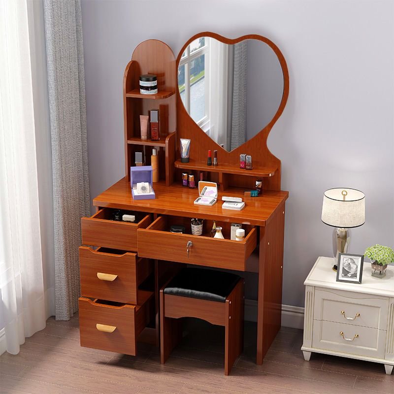 Cocoa Timber No Floating Makeup Vanity with 4 Drawers, Tabletop Storage, Standing Mirror & Seat, Sleeping Quarters, Makeup Vanity & Stools, Brown, 31"L x 14"W x 47"H
