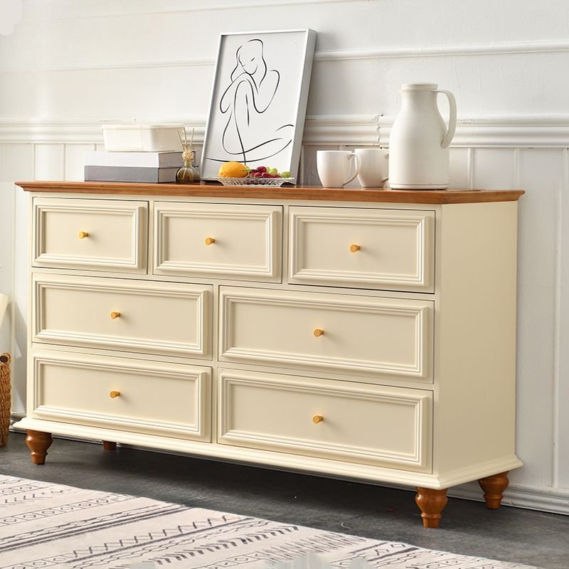 3 Tiers 7 Drawers Trendy Bleached Wood Horizontal Double Dresser, White-Brown, 55"L x 14"W x 31"H, Round Handle