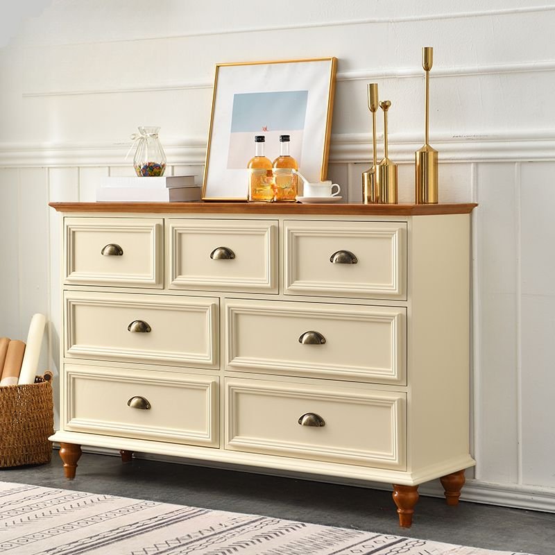 3 Tiers 7 Drawers Casual Wood Horizontal Double Dresser, White-Brown, 47"L x 14"W x 31"H, Crescent Handle