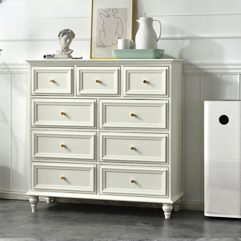 4 Tiers Simplistic Chalk Hardwood Horizontal Double Dresser with 9 Drawers, 39"L x 14"W x 39"H, Round Handle