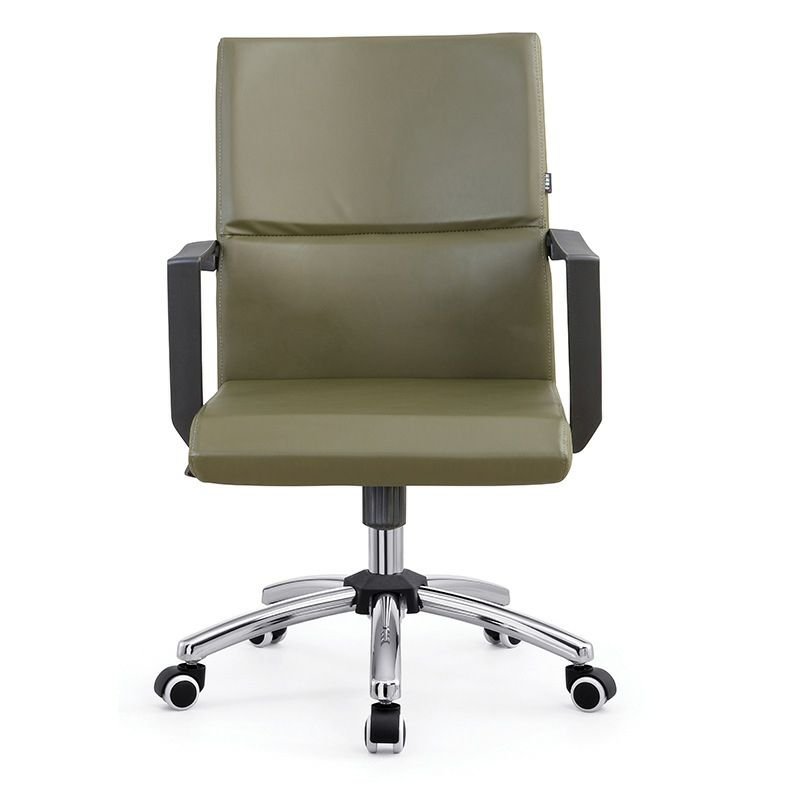 Minimalist Ergonomic Swivel Lifting Turquoise PU Office Desk Chairs with Rollers and Fixed Arms, Army Green