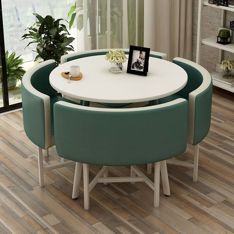 Casual Fixed Round Dining Table Set with 4 Legs, a White Faux Wood Tabletop and Upholstered Back Chairs, Table & Chair(s), 5 Piece Set, Fruit Green