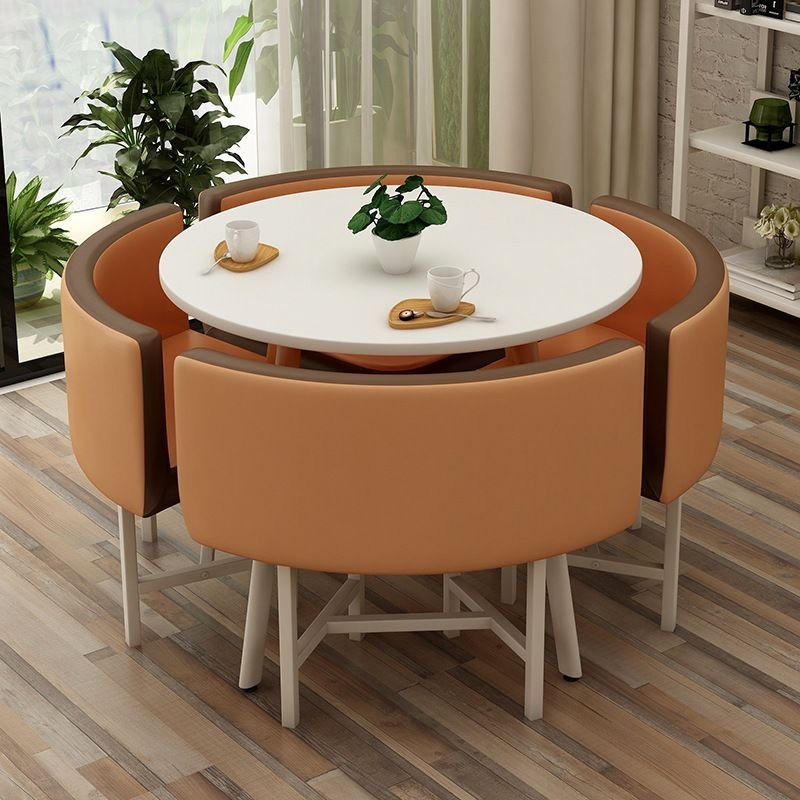 Shaker Fixed Round Dining Table Set with 4 Legs, a Chalk Mdf Wood Tabletop and Upholstered Back Chairs, Table & Chair(s), 5 Piece Set, Orange