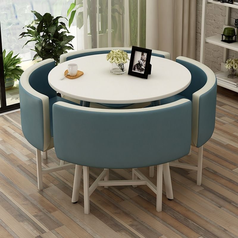 Simple Fixed Round Dining Table Set with 4 Legs, a Chalk Composite Wood Tabletop and Upholstered Back Chairs, Table & Chair(s), 5 Piece Set, Cyan