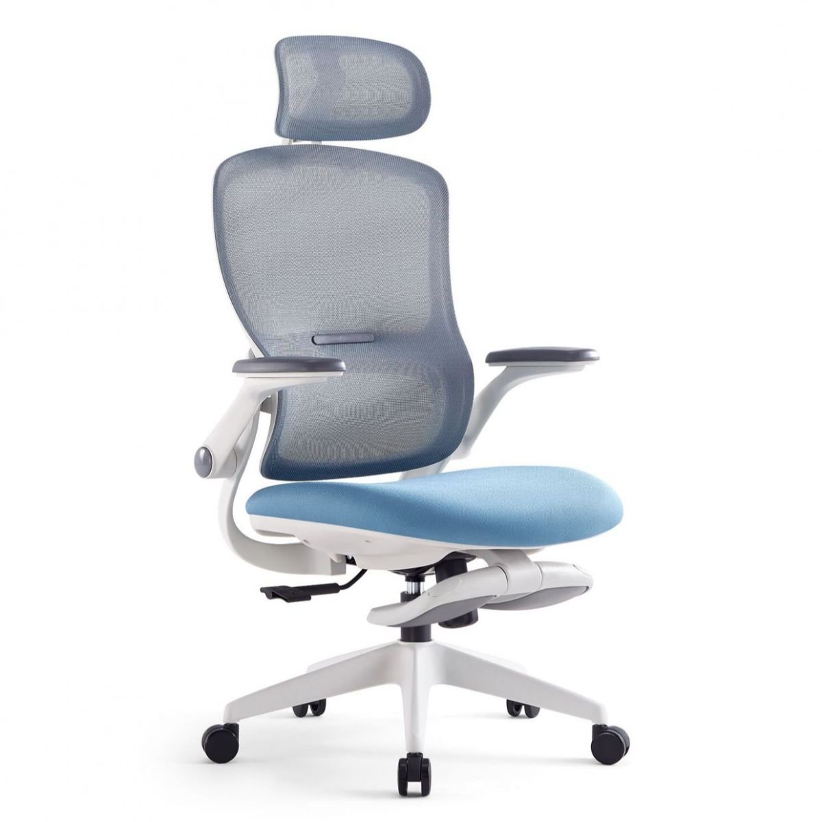 Minimalist Flip-Up Armrest Swivel Lifting Ergonomic Upholstered White Office Chairs with Headrest, Arms and Wheels, White, Casters Included, With Footrest