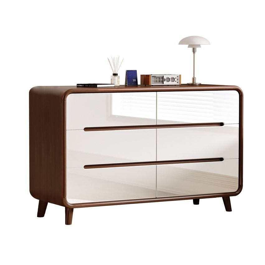 6 Drawers Contemporary Light Wood Rubberwood Horizontal Double Dresser, Walnut/ White, 47"L x 16"W x 31"H