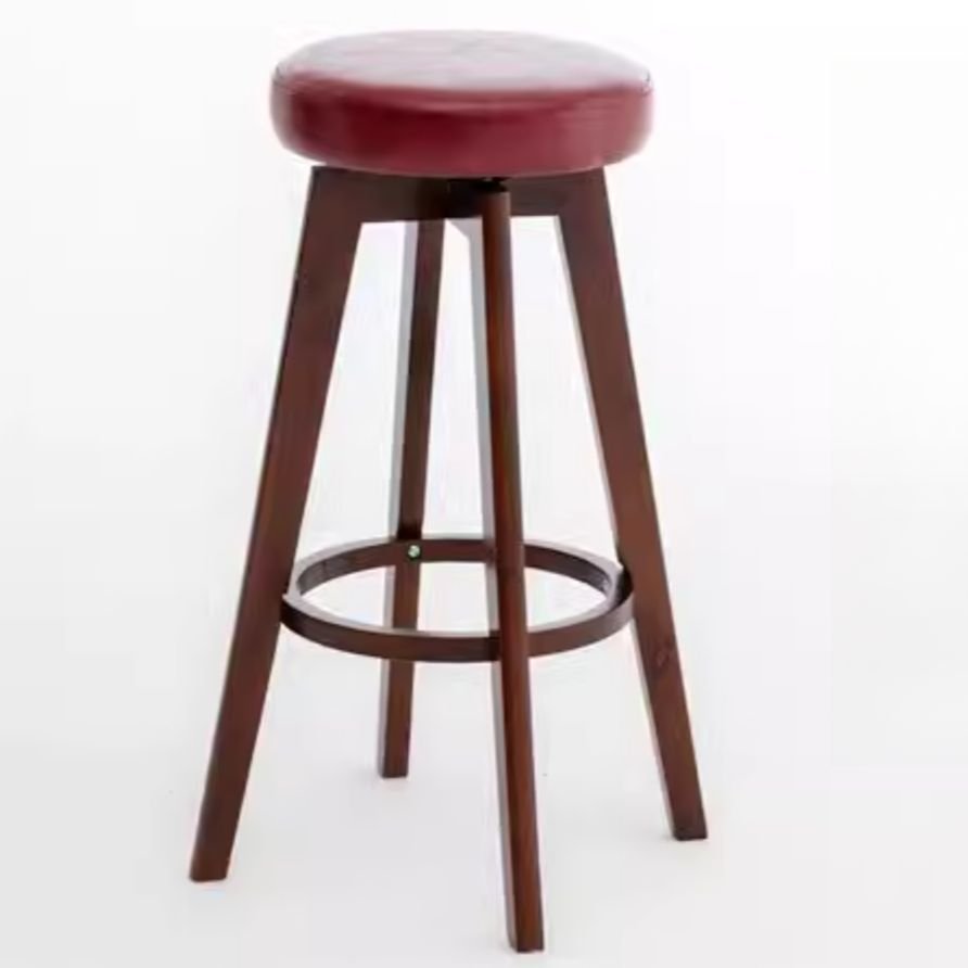 Art Deco Round Top Rotatable Neutral Wood Tone Rawhide Pub Stool with Foot Pedestal, Brown, Red