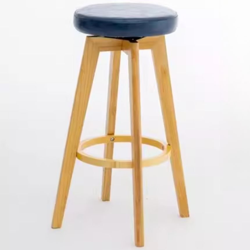 Art Deco Round Top Rotating Natural Wood Finish Rawhide Bistro Stool with Foot Support, Natural, Dark Blue