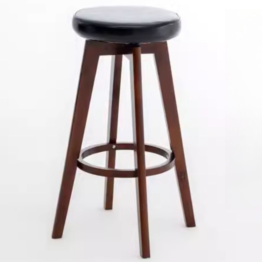Simplistic Round Swivel Natural Wood Finish Calfskin Pub Stool with Leg Rest, Brown, Black