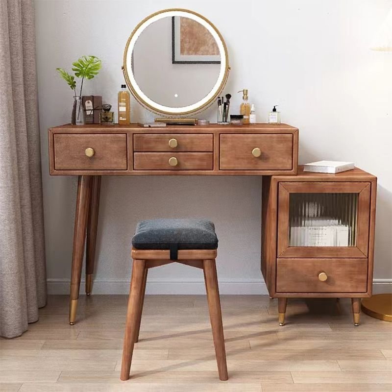 No Floating 2-in-1 Natural Wood Scalable Makeup Vanity Flooring Multi-Purpose with Push-Pull Drawers, Dividers Included, Makeup Vanity (39") & Dresser(16"), Walnut