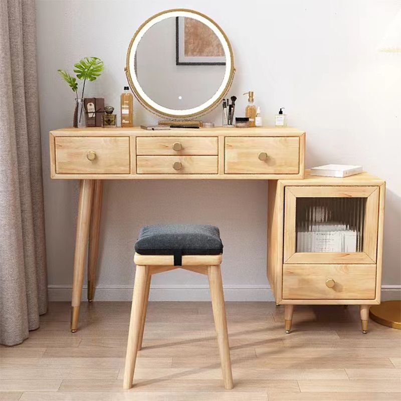 No Floating 2-in-1 Natural Wood Scalable Makeup Vanity Flooring Multi-Purpose with Push-Pull Drawers, Dividers Included, Makeup Vanity (39") & Dresser(16"), Natural