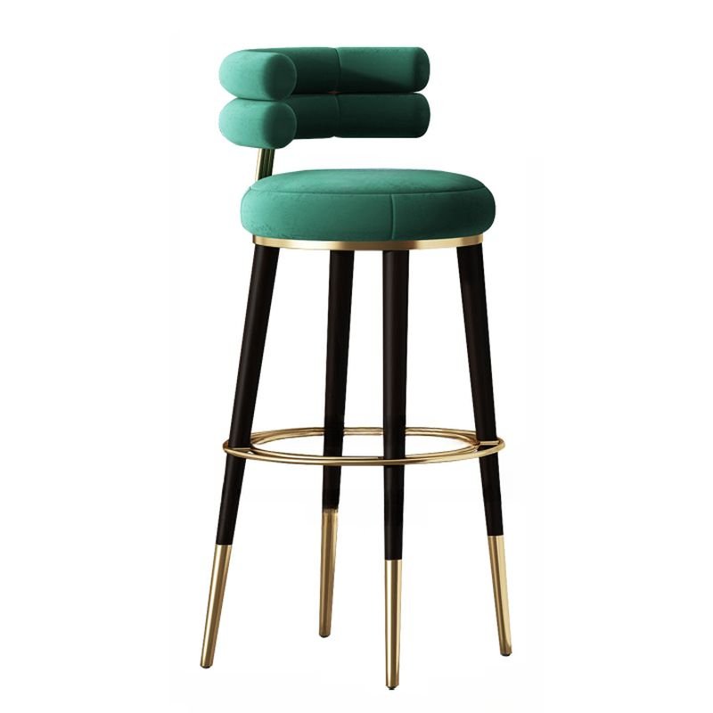 Art Deco Teal Upholstered Round Pub Stool with Bent Back and Leg Rest, Blackish Green, Black, 37"H x 14.6"W x 14.2"D