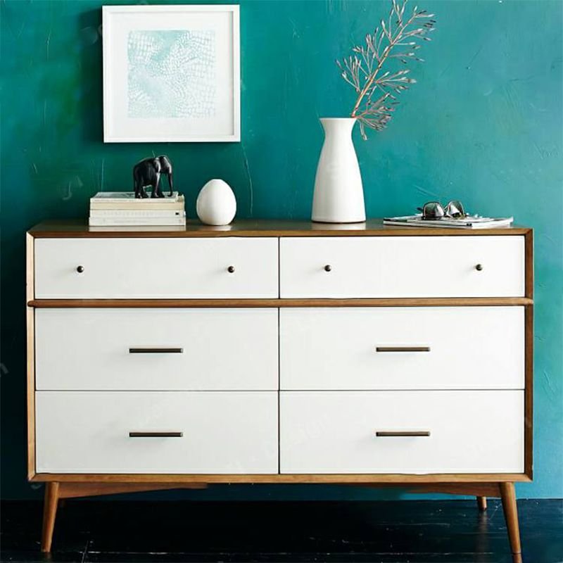 Trendy Wood Horizontal Console Dresser with 6 Drawers Bedroom, Walnut/ White, 55.9"L x 18.1"W x 36.2"H