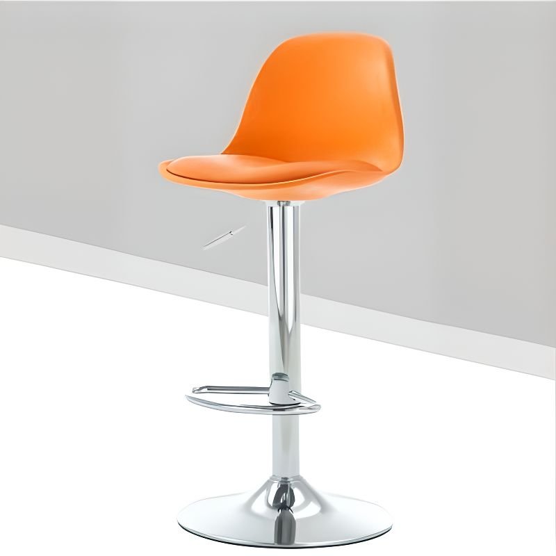 Adaptable Height Pail Swivel Gas-driven Tangerine Color Calfskin Pub Stool for the Bar, Orange, Silver